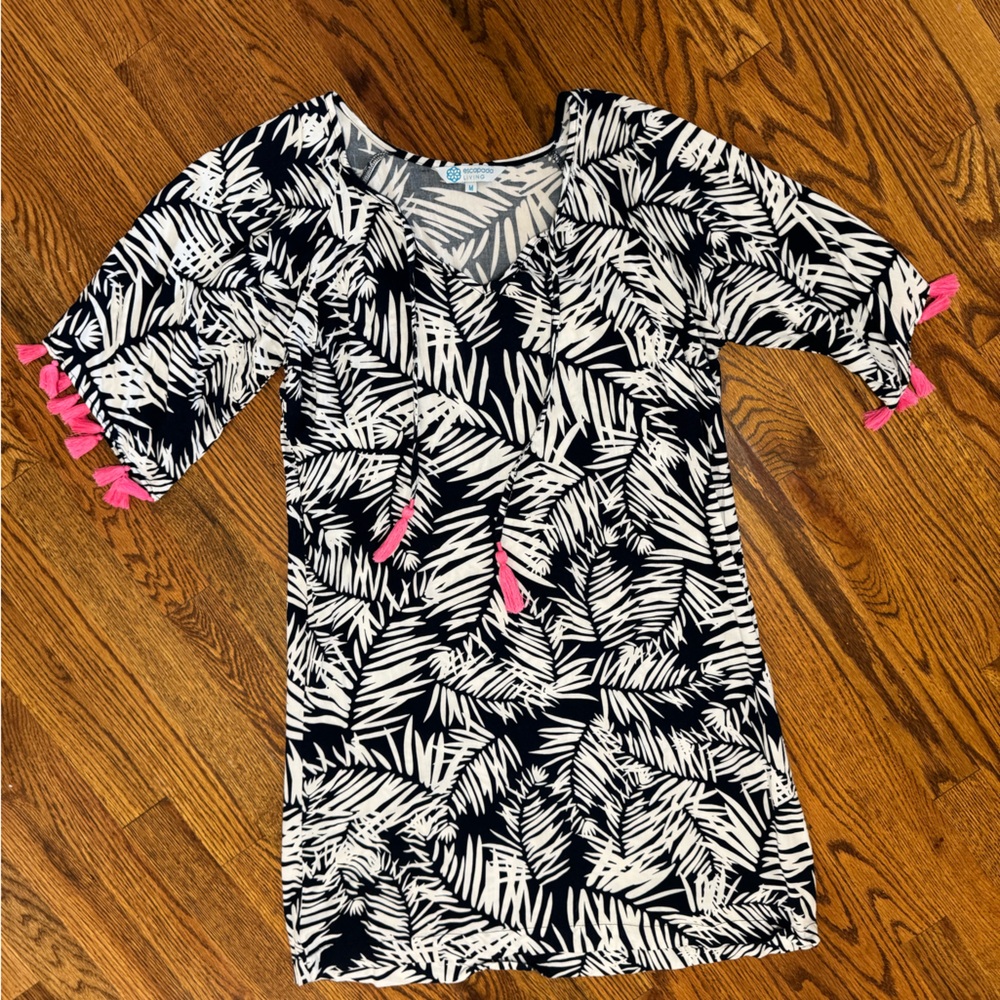 Black and White Leaf Print Dress with Pink Accents